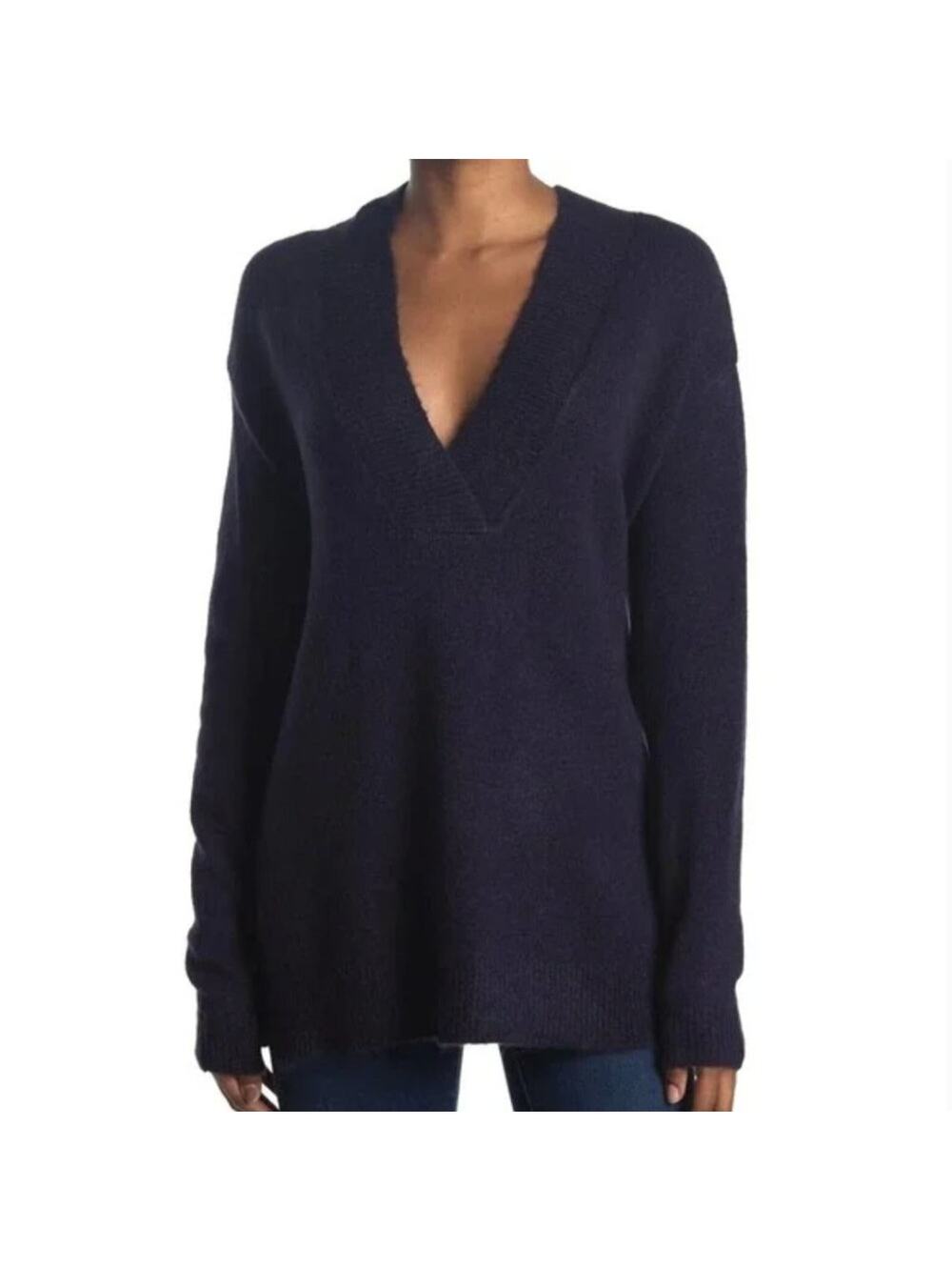RDI Navy Blue Deep V Neck Tunic Sweater Oversized Knit Pullover XS NWT - Picture 1 of 7